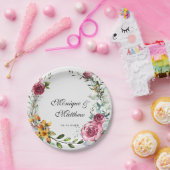 植物性ピンクとブルゴーニュのフローラ結婚ズ ペーパープレート (パーティー)