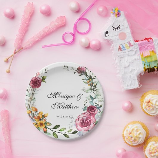 植物性ピンクとブルゴーニュのフローラ結婚ズ ペーパープレート (パーティー)