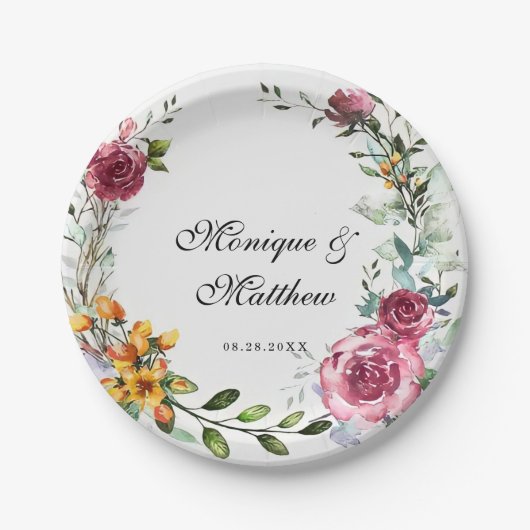 植物性ピンクとブルゴーニュのフローラ結婚ズ ペーパープレート (正面)