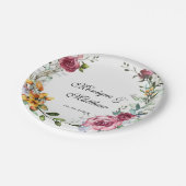 植物性ピンクとブルゴーニュのフローラ結婚ズ ペーパープレート (アングル)