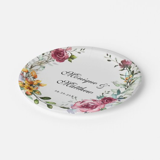 植物性ピンクとブルゴーニュのフローラ結婚ズ ペーパープレート (アングル)