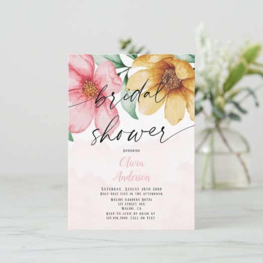 植物性ピンクと黄色のフローラブライダルシャワー 招待状 (スタンド正面)