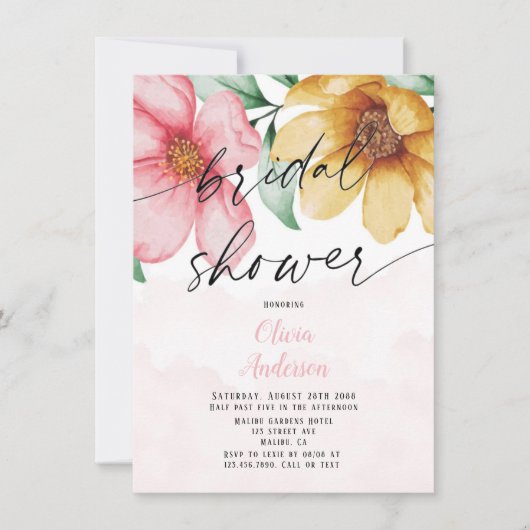 植物性ピンクと黄色のフローラブライダルシャワー 招待状 (正面)