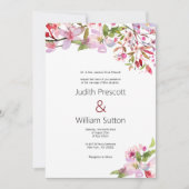 植物性ピンクのさくらんぼの花結婚の夏 招待状 (正面)