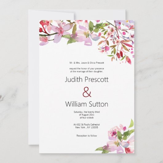 植物性ピンクのさくらんぼの花結婚の夏 招待状 (正面)