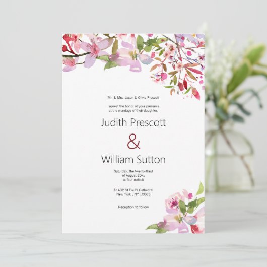 植物性ピンクのさくらんぼの花結婚の夏 招待状 (スタンド正面)