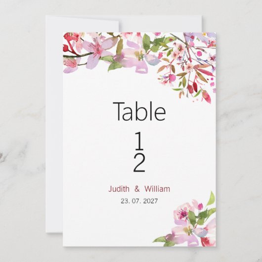 植物性ピンクのさくらんぼ花の夏のテーブル番号 招待状 (正面)