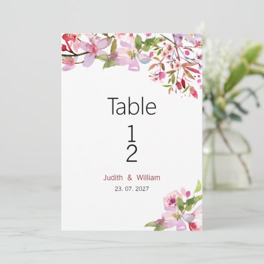 植物性ピンクのさくらんぼ花の夏のテーブル番号 招待状 (スタンド正面)