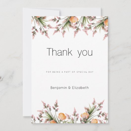 植物性ピンクのオレンジ色の夏の花ありがとう 招待状 (正面)