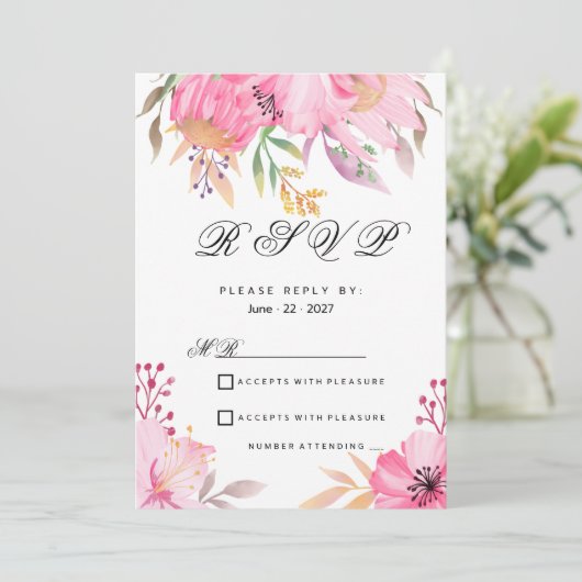植物性ピンクのオレンジ色の水色の花RSVP 招待状 (スタンド正面)