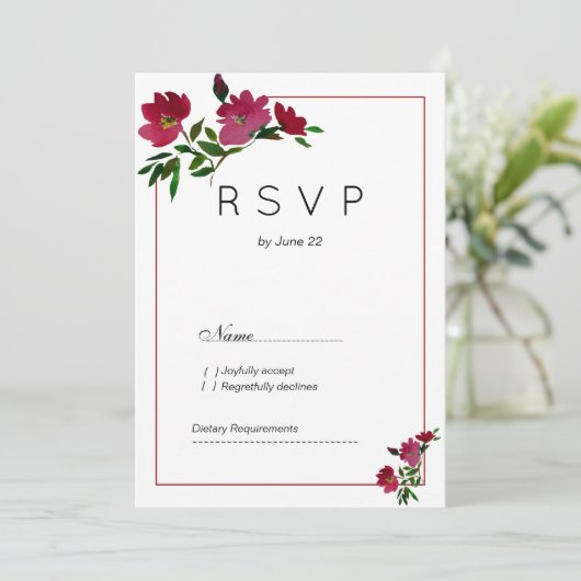 植物性ピンクのバーガンディーグリーンフローラRSVP 招待状 (スタンド正面)