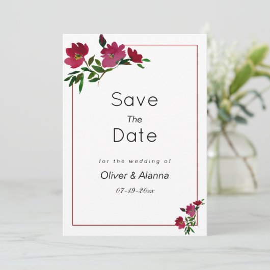 植物性ピンクのブルゴーニュの緑のフローラ保存日付 招待状 (スタンド正面)
