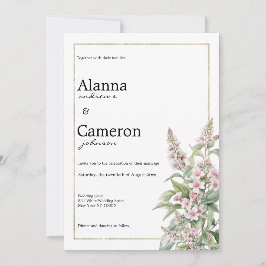 植物性ピンクのミントフラワーブーケ結婚ーズ 招待状 (正面)