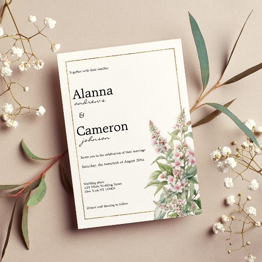 植物性ピンクのミントフラワーブーケ結婚ーズ 招待状