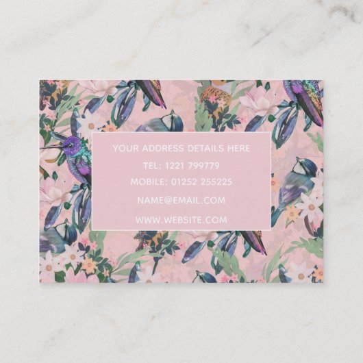 植物性ピンクの庭園花と鳥 名刺 (裏面)