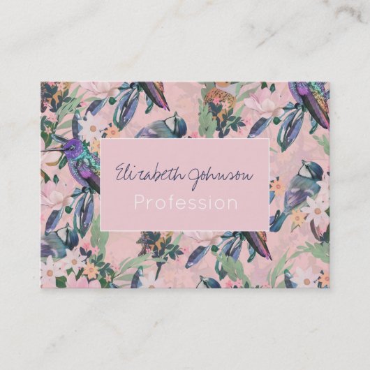 植物性ピンクの庭園花と鳥 名刺 (正面)