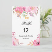 植物性ピンクの水色の花テーブル番号 招待状 (スタンド正面)