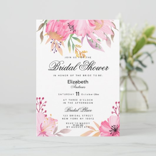 植物性ピンクの水色の花ブライダルシャワー 招待状 (スタンド正面)