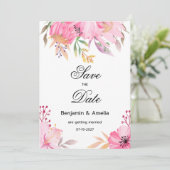 植物性ピンクの水色の花日付保存 招待状 (スタンド正面)