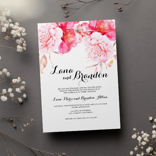 植物性ピンクの白クラシックのスクリプト結婚フローラ 招待状