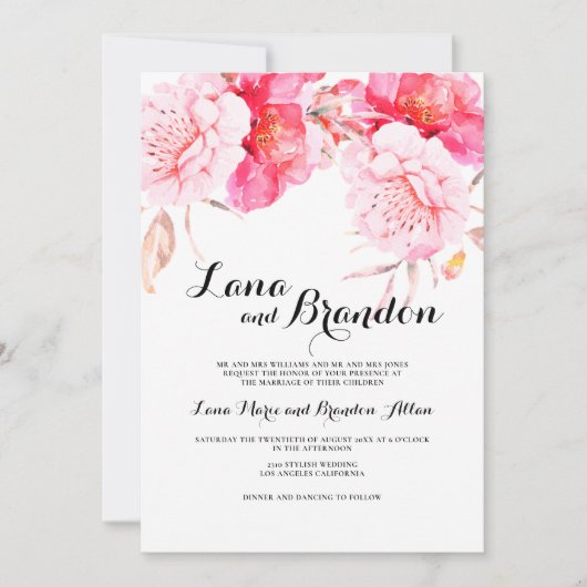 植物性ピンクの白クラシックのスクリプト結婚フローラ 招待状 (正面)