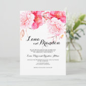 植物性ピンクの白クラシックのスクリプト結婚フローラ 招待状 (スタンド正面)