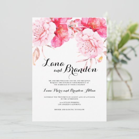 植物性ピンクの白クラシックのスクリプト結婚フローラ 招待状 (スタンド正面)