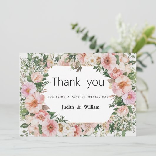 植物性ピンクの花の夏のフローラありがとう 招待状 (スタンド正面)