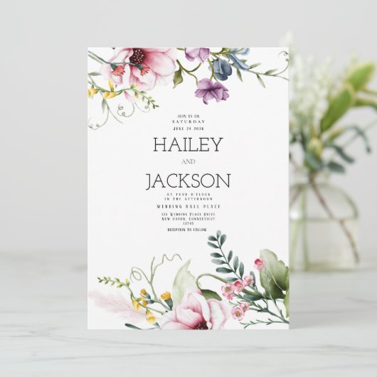 植物性ピンクの薄紫バーガンディーグリーン結婚フローラ 招待状 (スタンド正面)