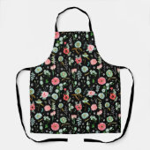 植物性ピンクの黒いフローラ花柄 エプロン (正面)