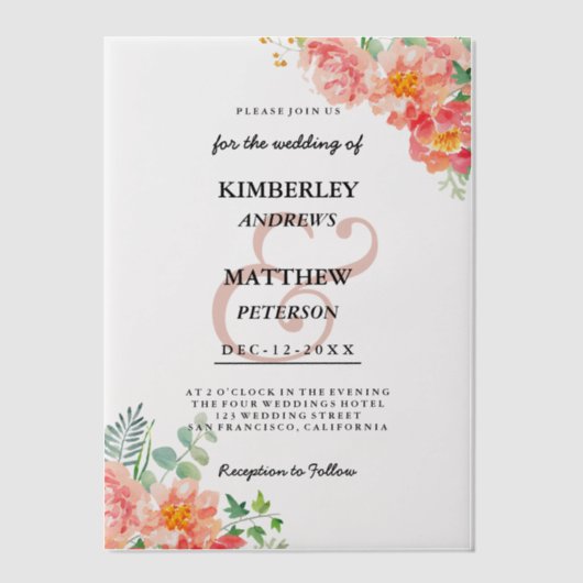 植物性ピンクグリーン水色フローラ結婚ズ ベラム紙招待状 (正面)