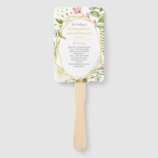 植物性ピンクグリーン金ゴールド幾何学模様結婚枠 ハンドファン (正面)