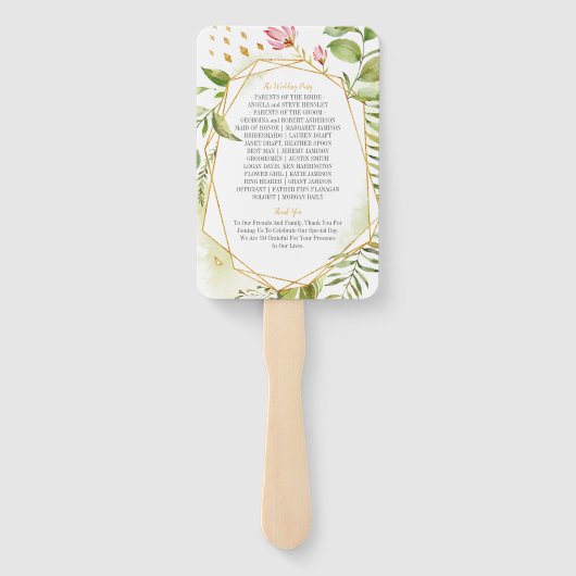 植物性ピンクグリーン金ゴールド幾何学模様結婚枠 ハンドファン (裏面)