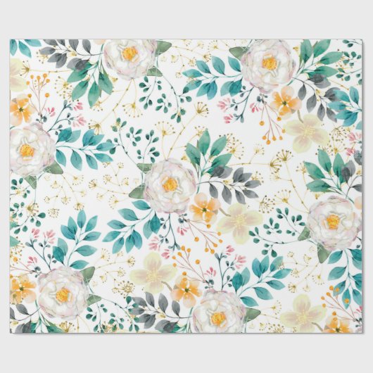 植物性ピンクティール(緑がかった色)ホワイトオレンジフローラ ラッピングペーパー (フラット)