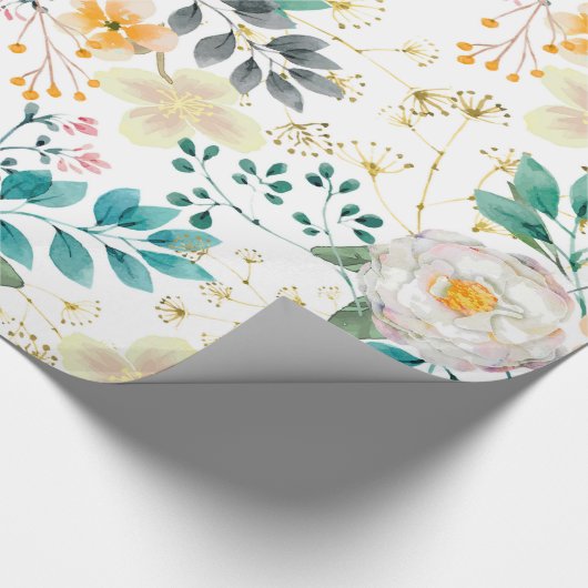 植物性ピンクティール(緑がかった色)ホワイトオレンジフローラ ラッピングペーパー (コーナー)