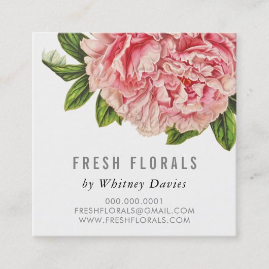 植物性ピンク牡丹の花スタイリッシュヴィンテージフローラ スクエア名刺 (正面)
