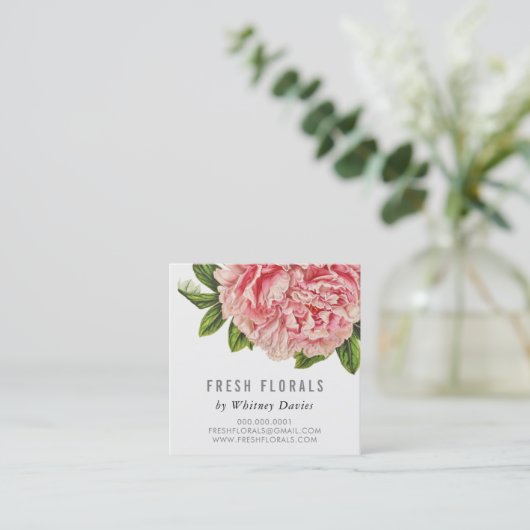 植物性ピンク牡丹の花スタイリッシュヴィンテージフローラ スクエア名刺 (スタンド正面)