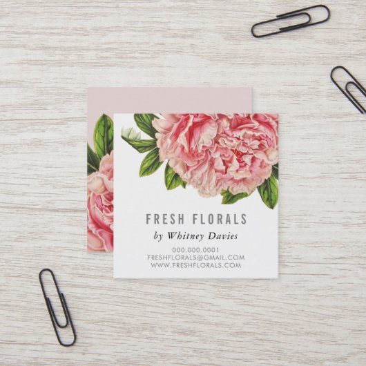 植物性ピンク牡丹の花スタイリッシュヴィンテージフローラ スクエア名刺 (正面/裏面インサイチュ)