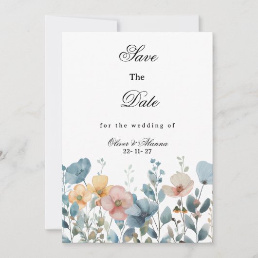 植物性ピンク色の野花が日付を保存 招待状 (正面)