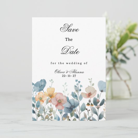 植物性ピンク色の野花が日付を保存 招待状 (スタンド正面)