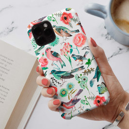 植物性ピンク赤と緑の花鳥模様 iPhone 13ケース