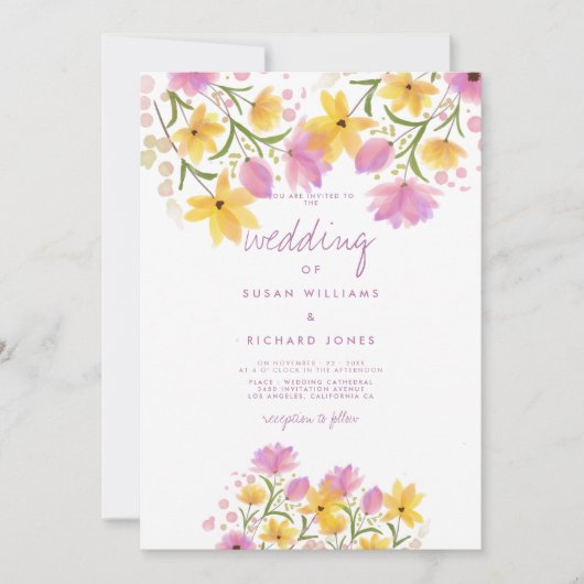 植物性ピンク黄色の水色のフローラ結婚ズ 招待状 (正面)