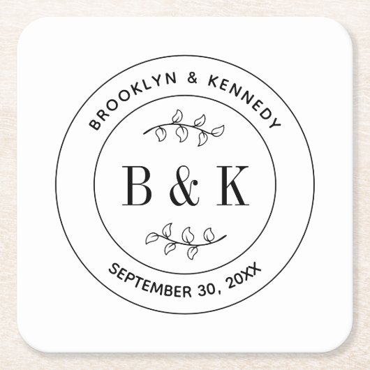 植物性フローラおもしろい結婚モノグラムのカップル名 スクエアペーパーコースター (正面)