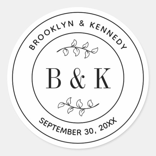 植物性フローラおもしろい結婚モノグラムのカップル名 ラウンドシール (正面)