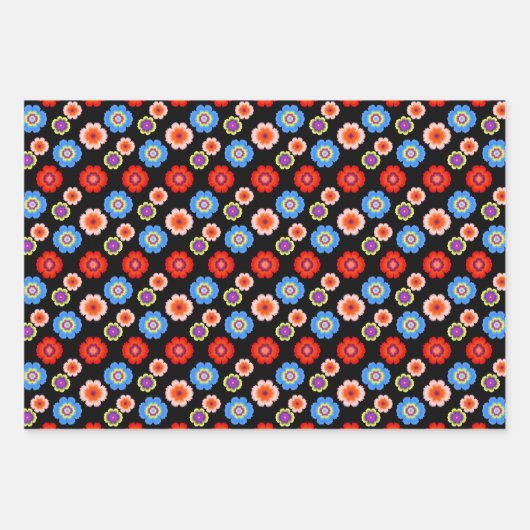 植物性フローラカラフルガーデンパターンブラック ラッピングペーパーシート (正面)