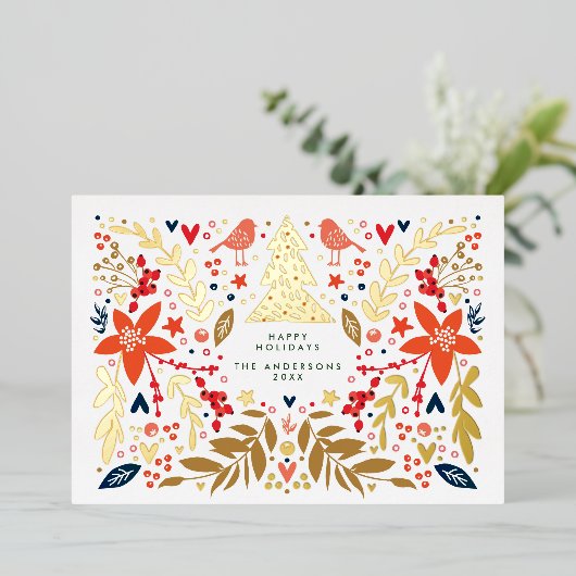植物性フローラクリスマスフォトカスタム金ゴールド 箔シーズンカード (立ち正面)