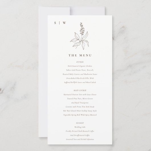 植物性フローラスケッチモノグラム結婚のメニューカード サンキューカード (正面)