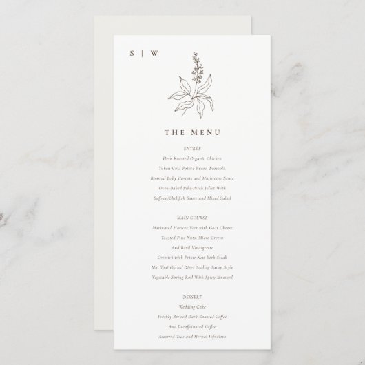 植物性フローラスケッチモノグラム結婚のメニューカード サンキューカード (正面/裏面)