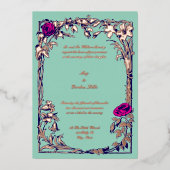 植物性フローラバラ縁どつる植物結婚の 箔招待状 (正面)