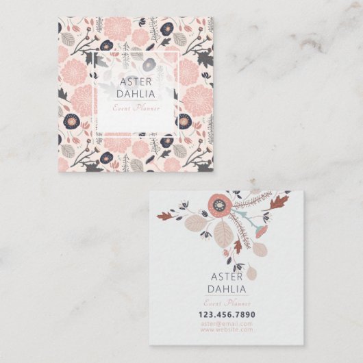 植物性フローラピンクグレー黒花 スクエア名刺 (正面/裏面)